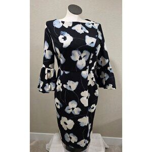 Liz Claiborne Womens Black & White Floral Bell Sleeve Knee-Length Dress Size 10